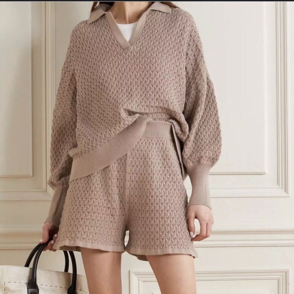 Mr Mittens Lace Polo Pointelle Sweater Almond Grey Tan Collared S/XS
